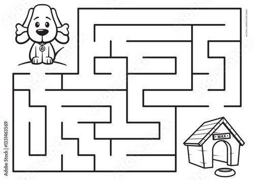 Vector black line printable maze. Format A4. Coloring book educational maze with cute cartoon a dog named Max looking for his house. Landscape size.
