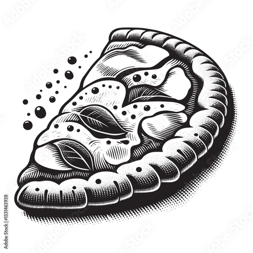 Stylized woodcut illustration of calzone with delectable ham and cheese fillings
