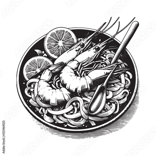 Stylized woodcut illustration showcasing Pad Thai with fresh shrimp and lemon wedges