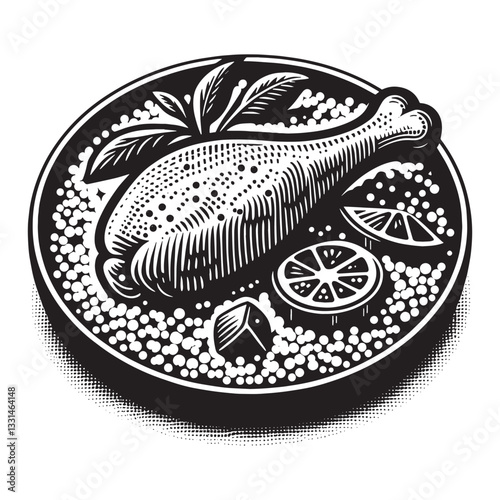 Stylized Woodcut of Chicken Leg on Couscous with Citrus Accents Graphic