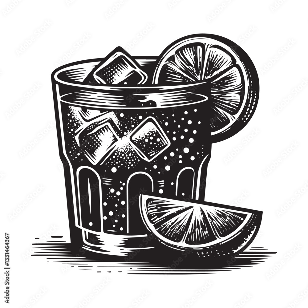Vintage Cuba Libre Cocktail Illustration with Lime and Ice in Retro Woodcut Style