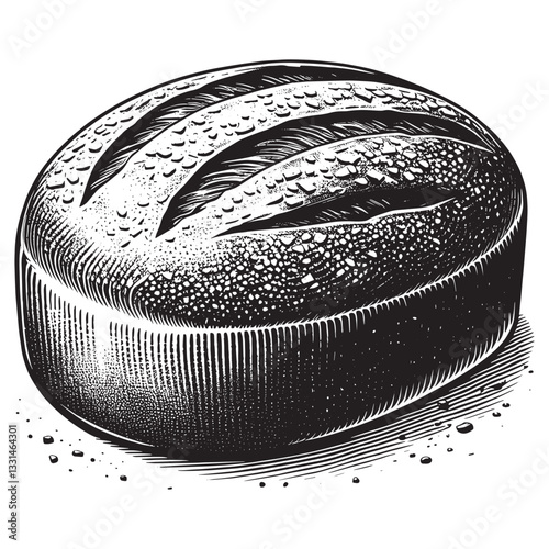 tangy sourdough bread with a crispy crust in minimalist clean woodcut drawing, 4735