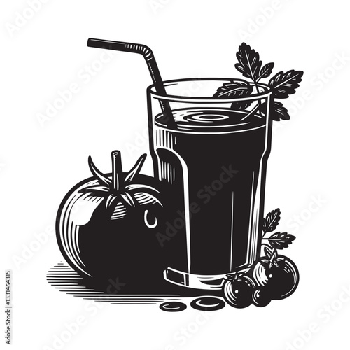 Tomato juice beverage in glass, with straw and fresh tomatoes, woodcut art style