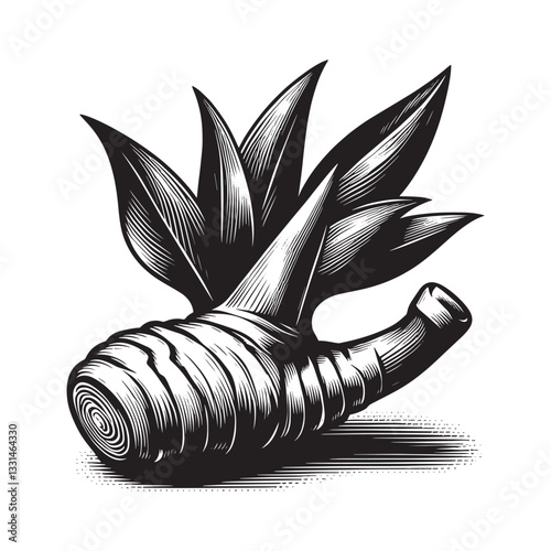 Unique taro root engraving with distinct foliage in monochrome woodcut style