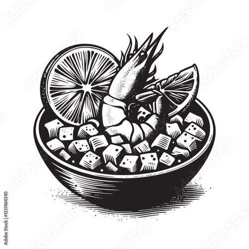 Vibrant shrimp ceviche creation in a graphic woodcut style illustration