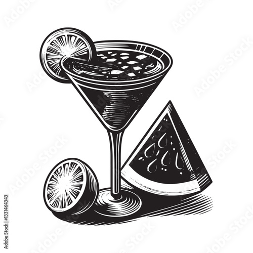 Vibrant watermelon martini illustration with lime and vodka in minimalist art