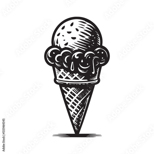 Vintage style black and white ice cream cone engraving illustration art