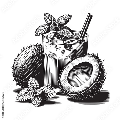 Vintage inspired coconut cocktail illustration with fresh mint and straw detail