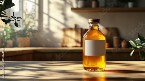 Golden Oil in Glass Bottle on Wood