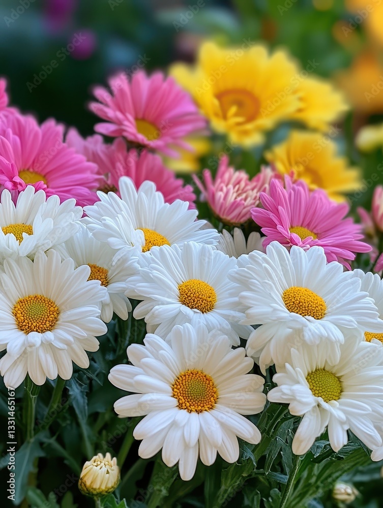 Fototapeta premium Vibrant Display of Colorful Daisies and Chrysanthemums in Bloom, Capturing the Beauty of Nature and the Joy of Springtime Gardening