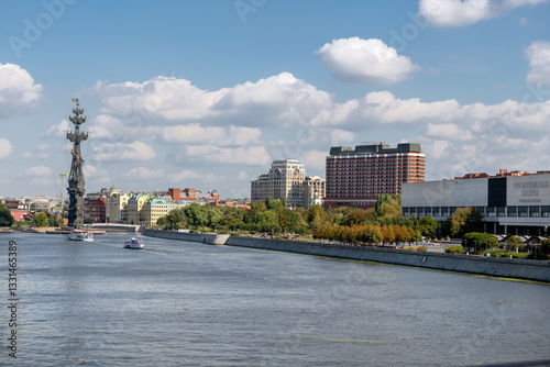 Moscow, Russia.  view on Moskva River, Muzeon Culture and Leisure Park, Prechistenskaya embankments with The Peter the Great Statue in Moscow city from Crimean Bridge on an autumn day
