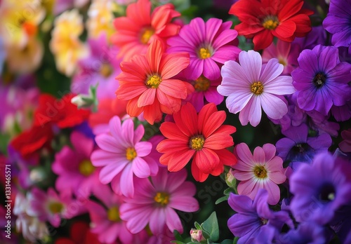 Vibrant Display of Colorful Flowers in Bloom with Soft Focus and Rich Textures Capturing Nature's Beauty and Springtime Essence in a Garden Setting