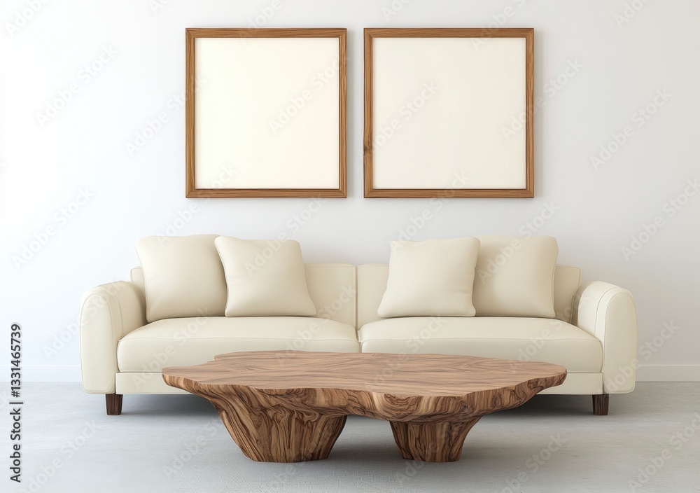 Off white couch with beige pillows sits before a rustic wooden coffee table, two empty square wooden frames adorn a white wall in a minimalist living room setting. Off white couch with beige pillows sits before a rustic wooden coffee table, two empty square wooden frames adorn a white wall in a minimalist living room setting.