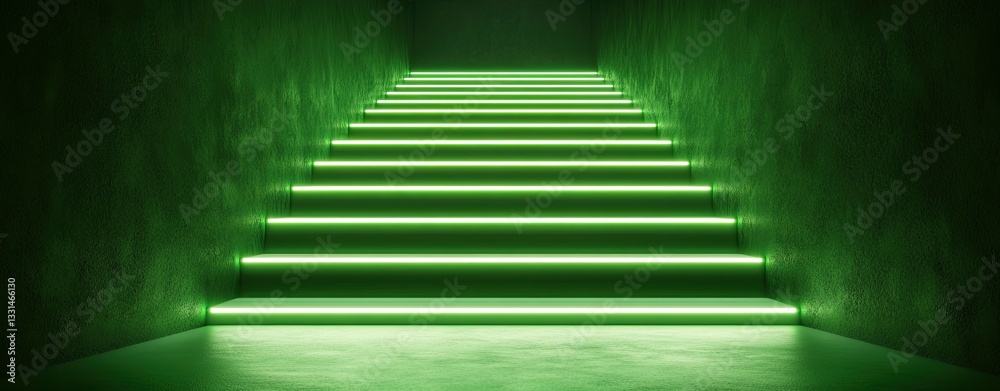 Obraz premium Single Color Neon Light A vibrant green staircase illuminated by modern LED lights, creating an inviting atmosphere.