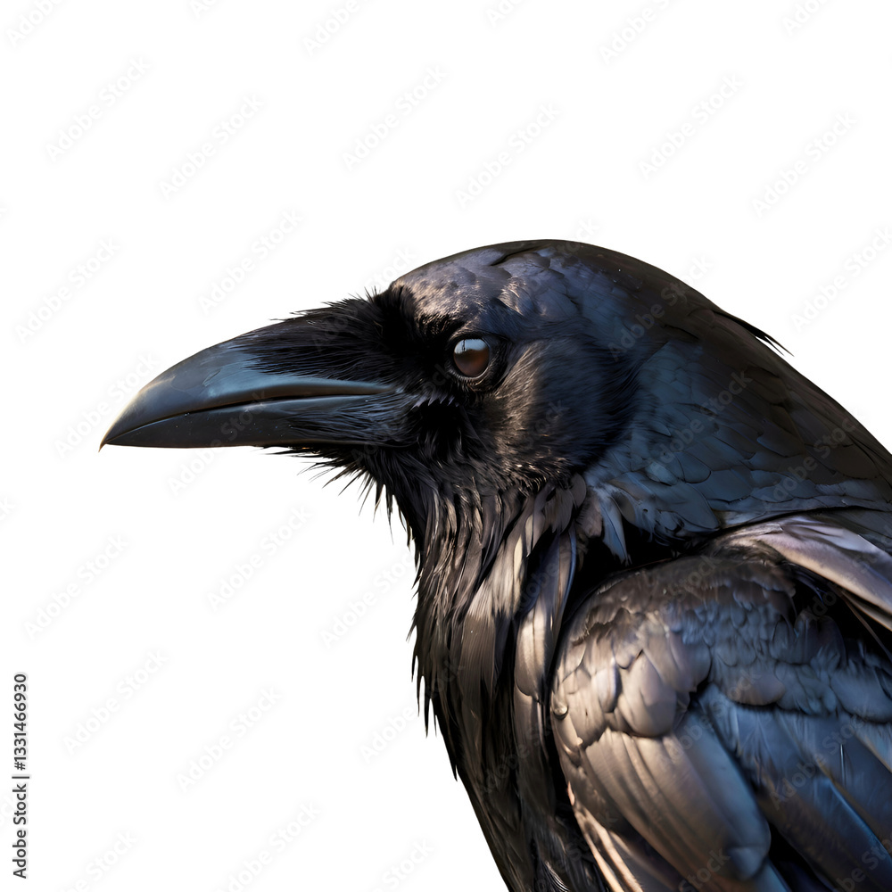A mysterious raven with glossy black feathers and a sharp beak, isolated on a transparent background png A mysterious raven with glossy black feathers and a sharp beak, isolated on a transparent background png