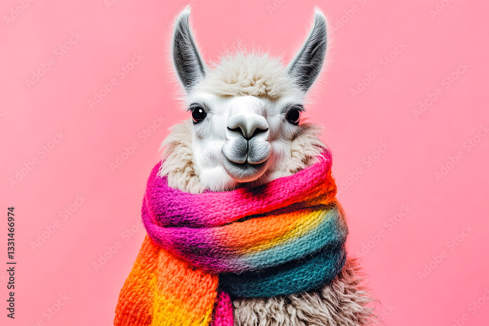 Naklejka premium Stylish Llama in Colorful Knitted Scarf