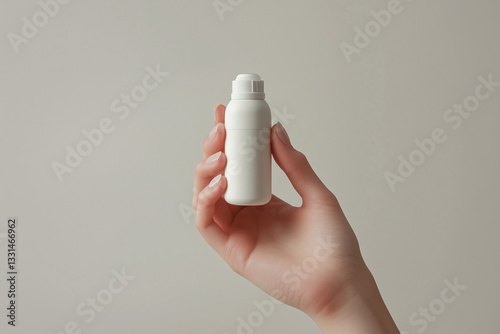A delicate hand holding a small white medicine bottle against a neutral background, symbolizing pharmaceuticals, health, and modern minimalistic design.  