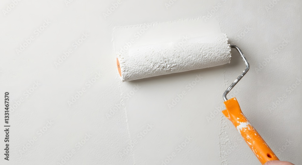 Obraz premium Painting a Wall: A Close-Up of a Paint Roller Applying Fresh White Paint