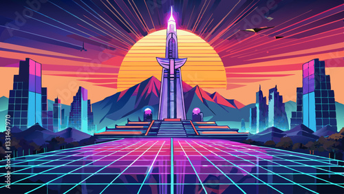 Grand Monument at Sunset with Futuristic Digital Network Overlaid, Pyongyang, North Korea