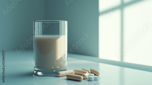 A glass of milk and calcium tablets on a bright surface, illuminated by natural sunlight, symbolizing nutrition, health, and bone strength.  
