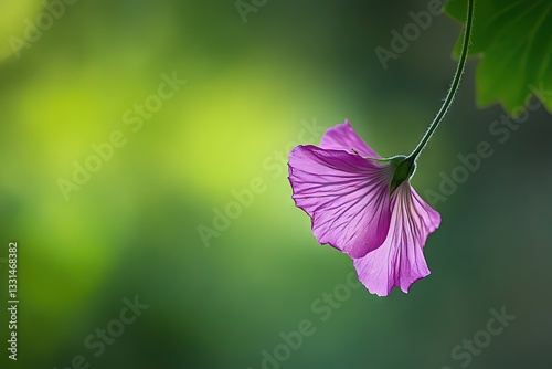 Delicate Iris-like Mallow Flower Close-up With hanging Stem Against Blurred Green Nature Background