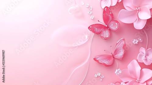 Two Beautiful Pink Butterflies and Flowers in Soft Arrangement