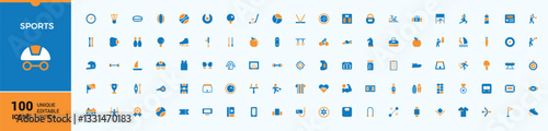 Sports colorful icons set in filled style. Containing fit, game, activity, gym, exercise, competition and more. UI icon set in a flat design. Fitness vector solid icon set. Editable vector art.