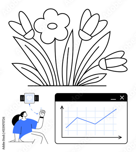 Smartwatch tracking vital signs, interactive graph showing progress, blooming flowers. Ideal for health, growth, wellness, progress, sustainability digital integration motivation. Flat simple