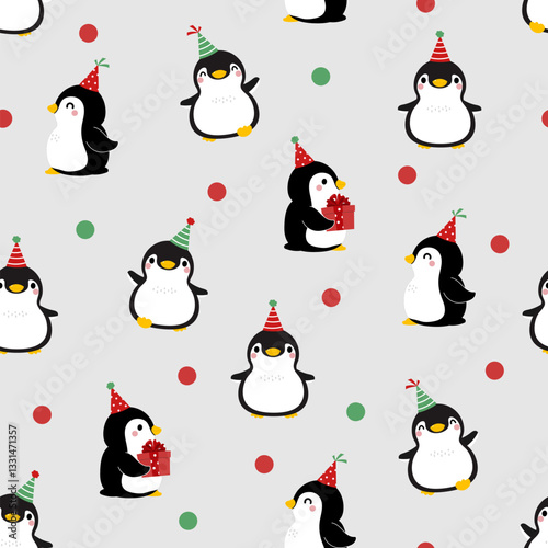 Merry Christmas and happy new year with cute little penguins in party hat seamless pattern and background.  -Vector