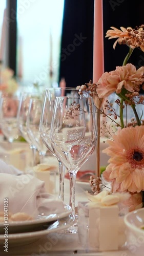 Catering service on banquet table with canape snacks in restaurant. Decorated food set on birthday, wedding celebration or business event venue. Many delicious dishes on the festive table, close-up