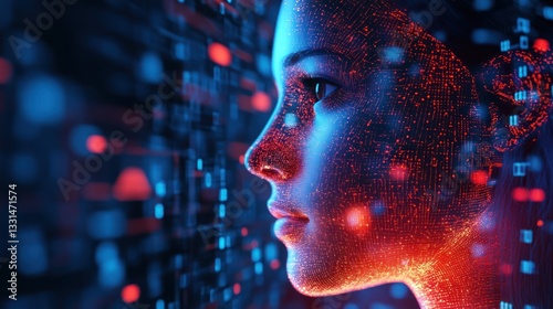 Digital woman's face, glowing with code