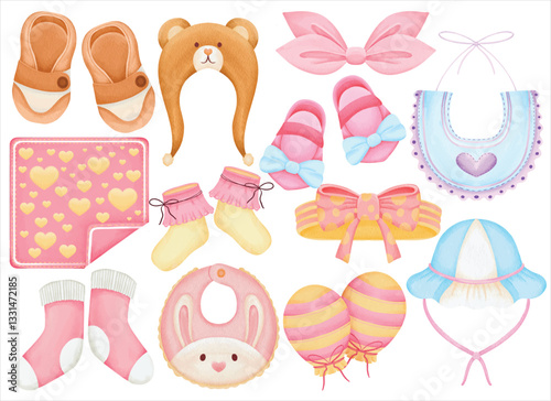 Watercolor Baby Accessories Illustration Set, Hand Paint, Cute, Infant Clothing, Hat, Socks, Shoes, Bib, Blanket, Headband, Bow, Mittens, Pastel, Soft, Adorable, Nursery, Newborn Essentials