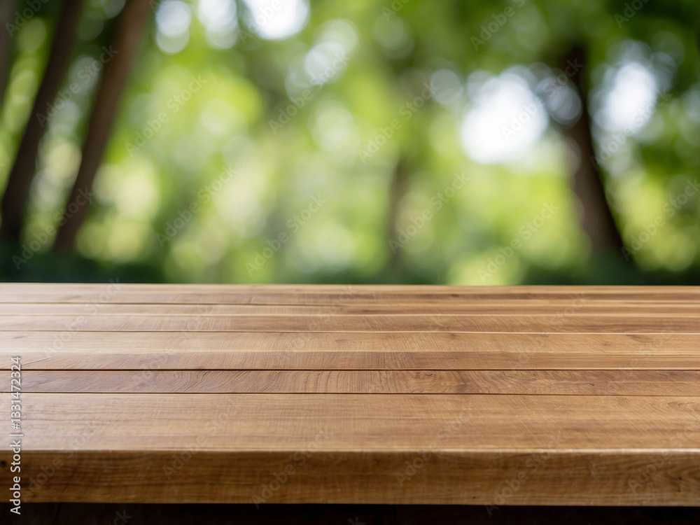empty wooden table set against a blurred forest background empty wooden table set against a blurred forest background