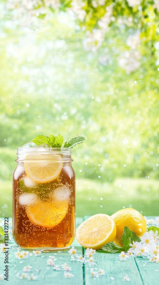 Refreshing Lemon Iced Tea: A close-up shot captures a mason jar filled with iced tea, adorned with lemon slices and mint leaves, placed on a rustic wooden surface, against a blurry. Refreshing Lemon Iced Tea: A close-up shot captures a mason jar filled with iced tea, adorned with lemon slices and mint leaves, placed on a rustic wooden surface, against a blurry.