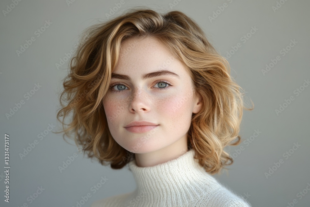Fototapeta premium Young woman portrait with freckles and blonde wavy shoulder length hair