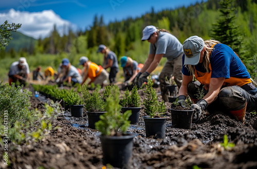 A group of people planting trees in the mountain