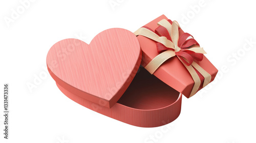Heart-shaped pink box opened next to a gift box tied with a ribbon on a white background