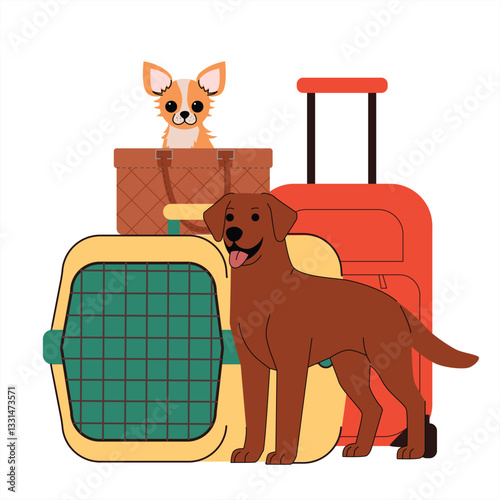 Traveling with pets. A happy Labrador stands next to a pet carrier, while a small Chihuahua sits in a travel bag. Suitcases in the background. Ideal for pet transport themes. Vector illustration