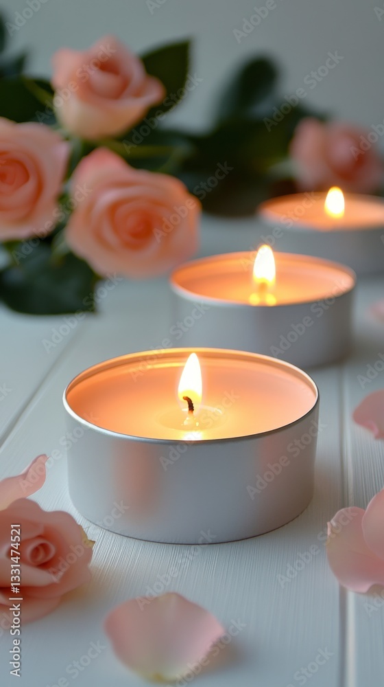 Close up view of two lit tea light candles in white containers, surrounded by peach colored rosebuds and petals on a white wooden surface. Soft, warm lighting. Close up view of two lit tea light candles in white containers, surrounded by peach colored rosebuds and petals on a white wooden surface. Soft, warm lighting.