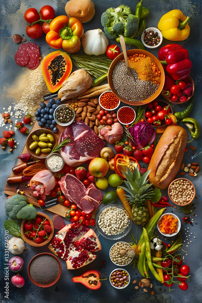 Fototapeta premium Illustrative Guide to Uric Acid Diet: Foods to Enjoy, Limit, and Avoid