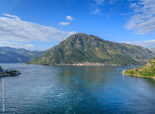 Panoramic view of Kotor Bay in Montenegro. In the center is the town of Perast.