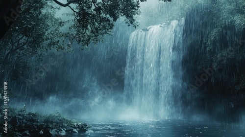 Serene Waterfall Surrounded by Lush Greenery Under a Rainy Sky with Misty Atmosphere
