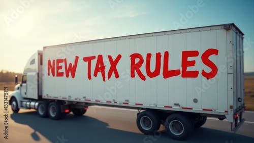Rugged white semitruck with new tax rules inscription
