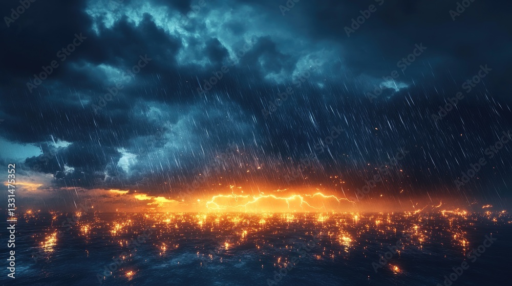 Fototapeta premium Dramatic Storm Over Ocean with Lightning and Reflections Captured During Sunset with Dark Clouds and Rainfall