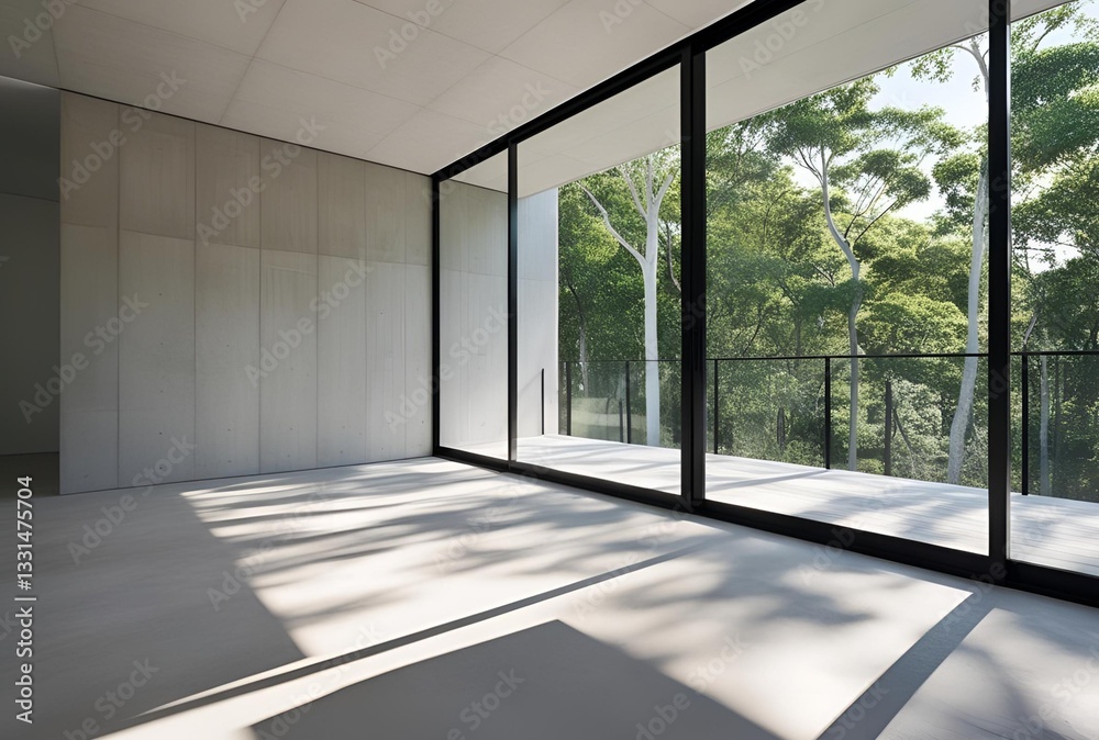 Fototapeta premium Minimalist Concrete Room with Large Window Overlooking Lush Greenery