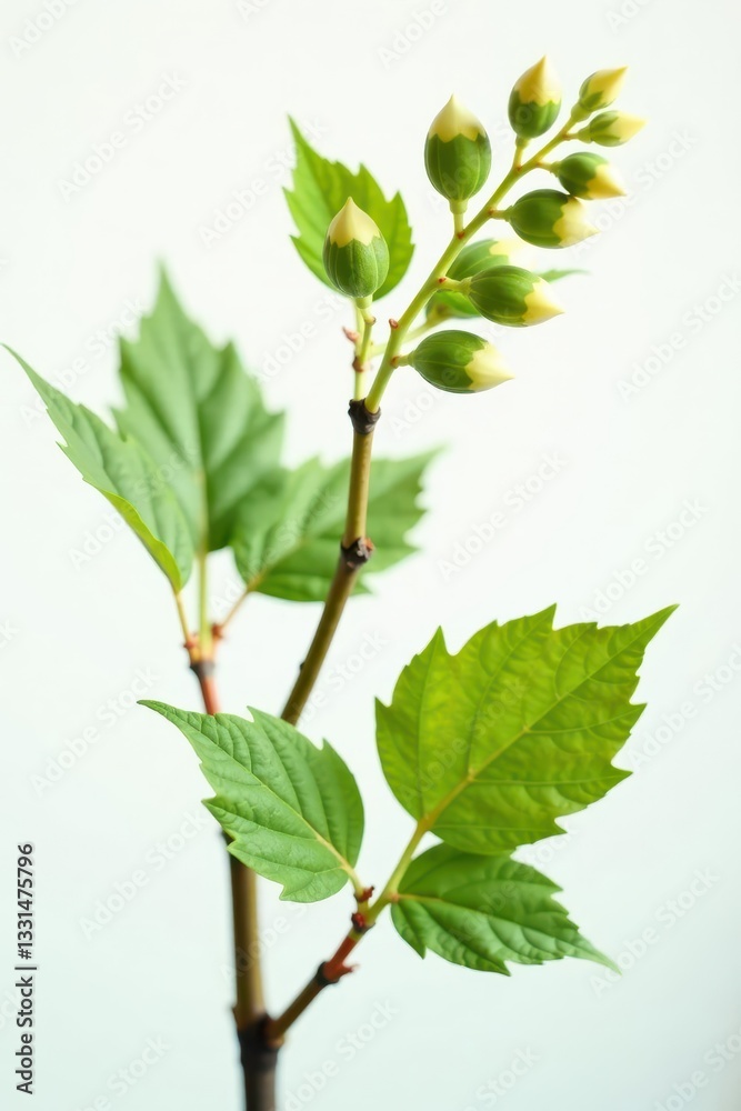 Close-up of delicate birch buds & young leaves on white , element, growth Close-up of delicate birch buds & young leaves on white , element, growth