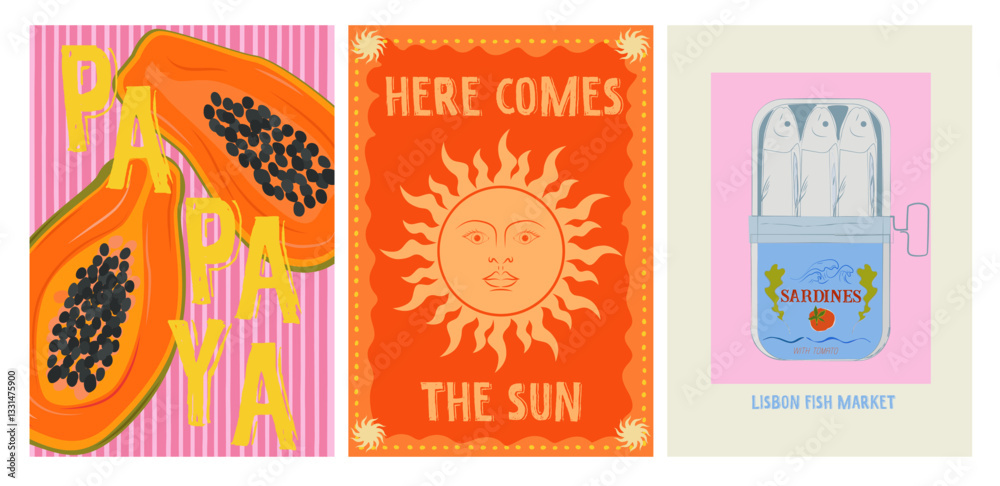 Collection of colorful Summer posters. Playful prints, Whimsical Summer Arts. Editable vector illustration Collection of colorful Summer posters. Playful prints, Whimsical Summer Arts. Editable vector illustration