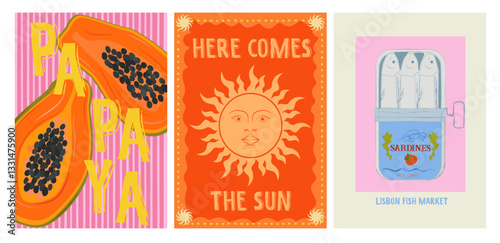 Collection of colorful Summer posters. Playful prints, Whimsical Summer Arts. Editable vector illustration