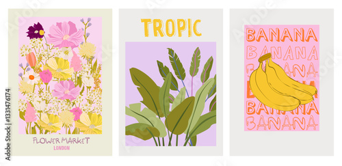 Collection of colorful Summer posters. Playful prints, Whimsical Summer Arts. Editable vector illustration