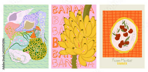 Collection of colorful Summer posters. Playful prints, Whimsical Summer Arts. Editable vector illustration